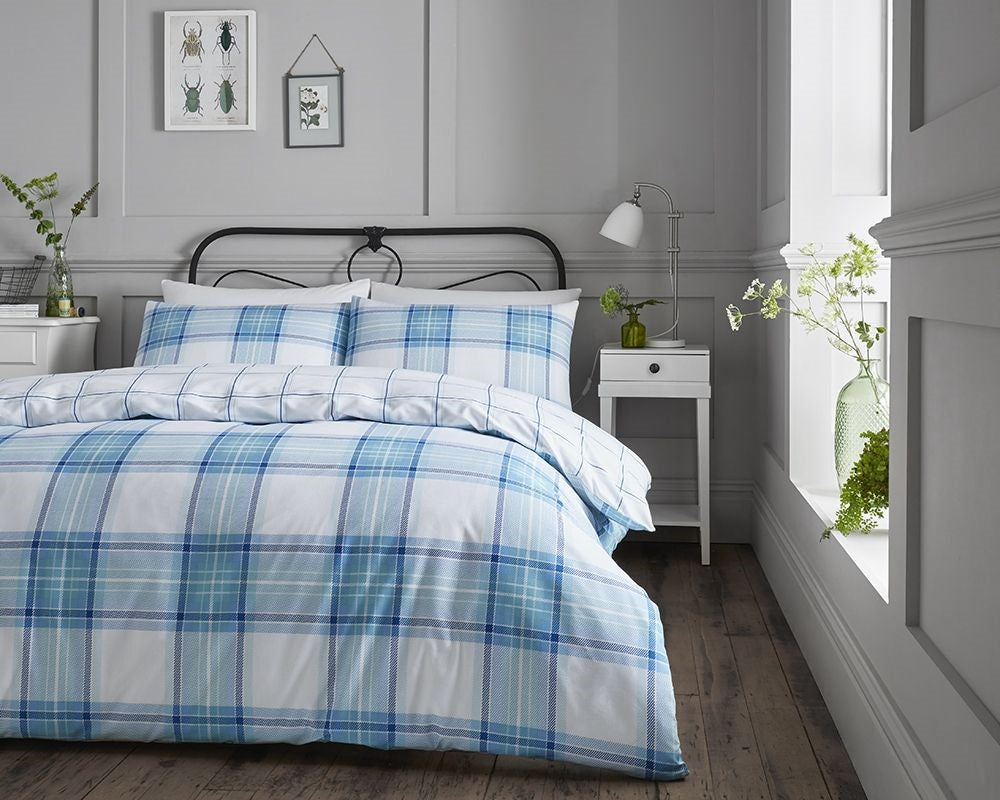 Highland Check Duvet Cover Set, King, Duckegg Blue