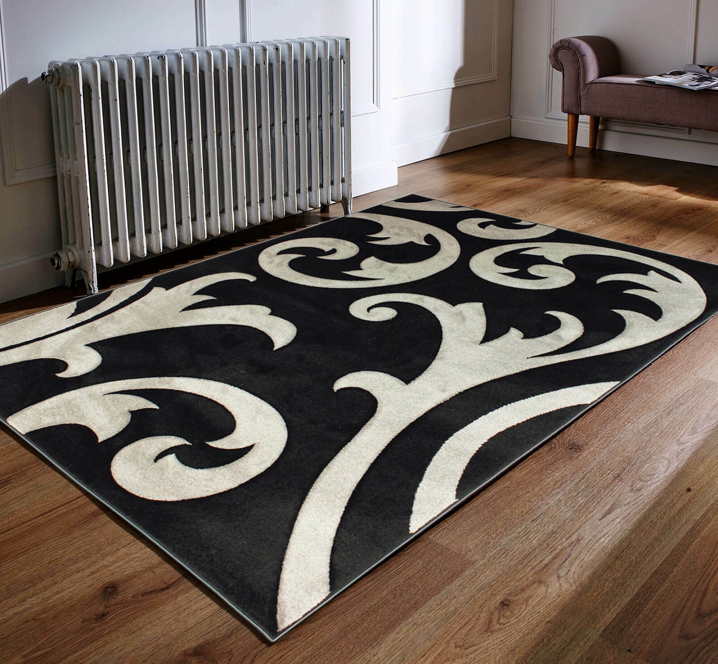 Hand Carved Damask Rug Elude Black Silver Grey - 63" x 90.5