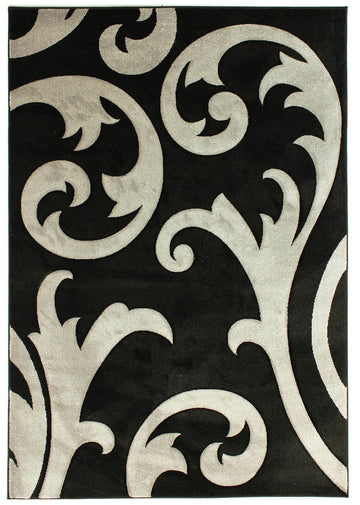 Hand Carved Damask Rug Elude Black Silver Grey - 47" x 67"