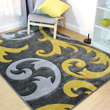 Damask Rug Elude Ochre Mustard Silver Grey - 63" x 90.5"