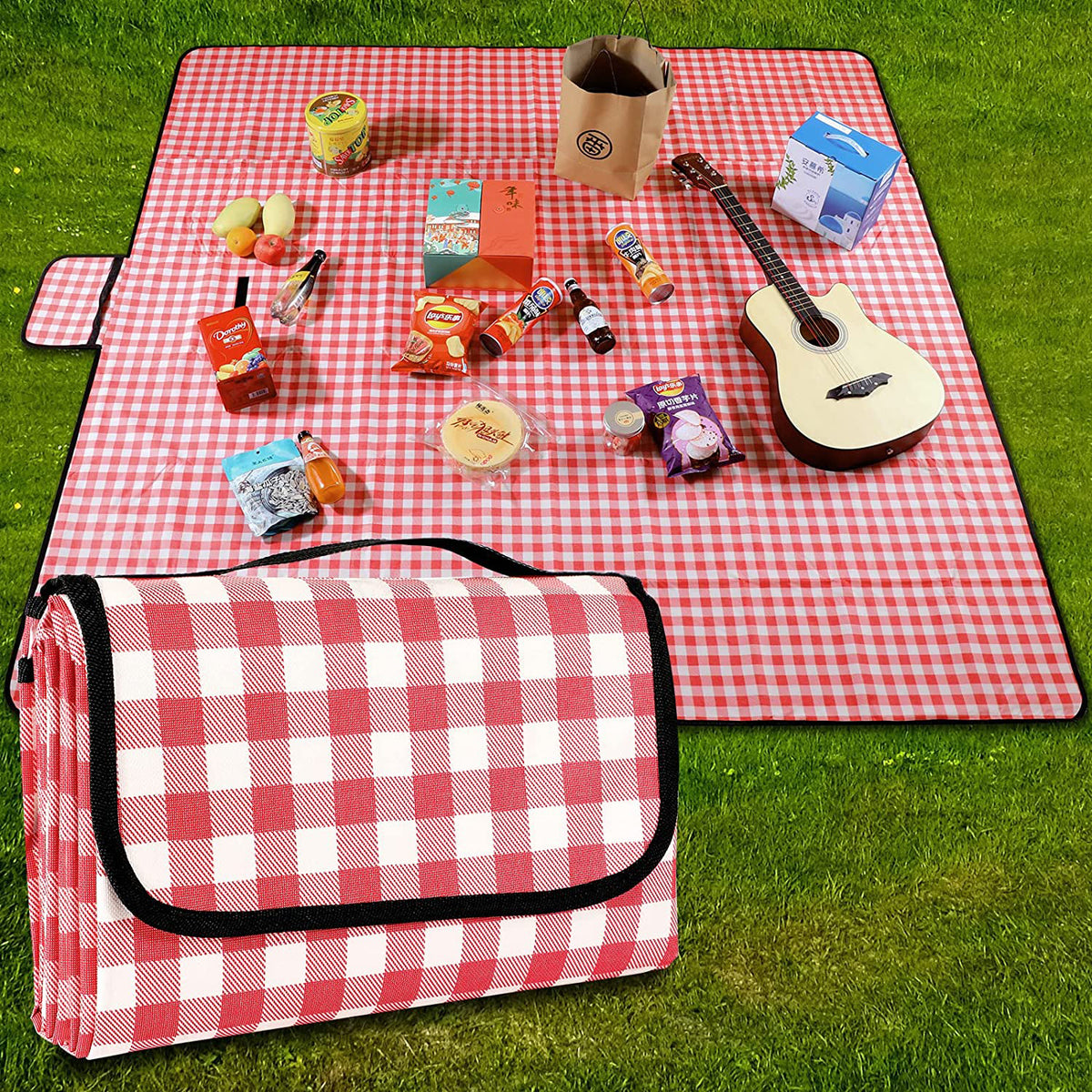200×150cm Red Fleece Checkered Picnic Blanket With Handle