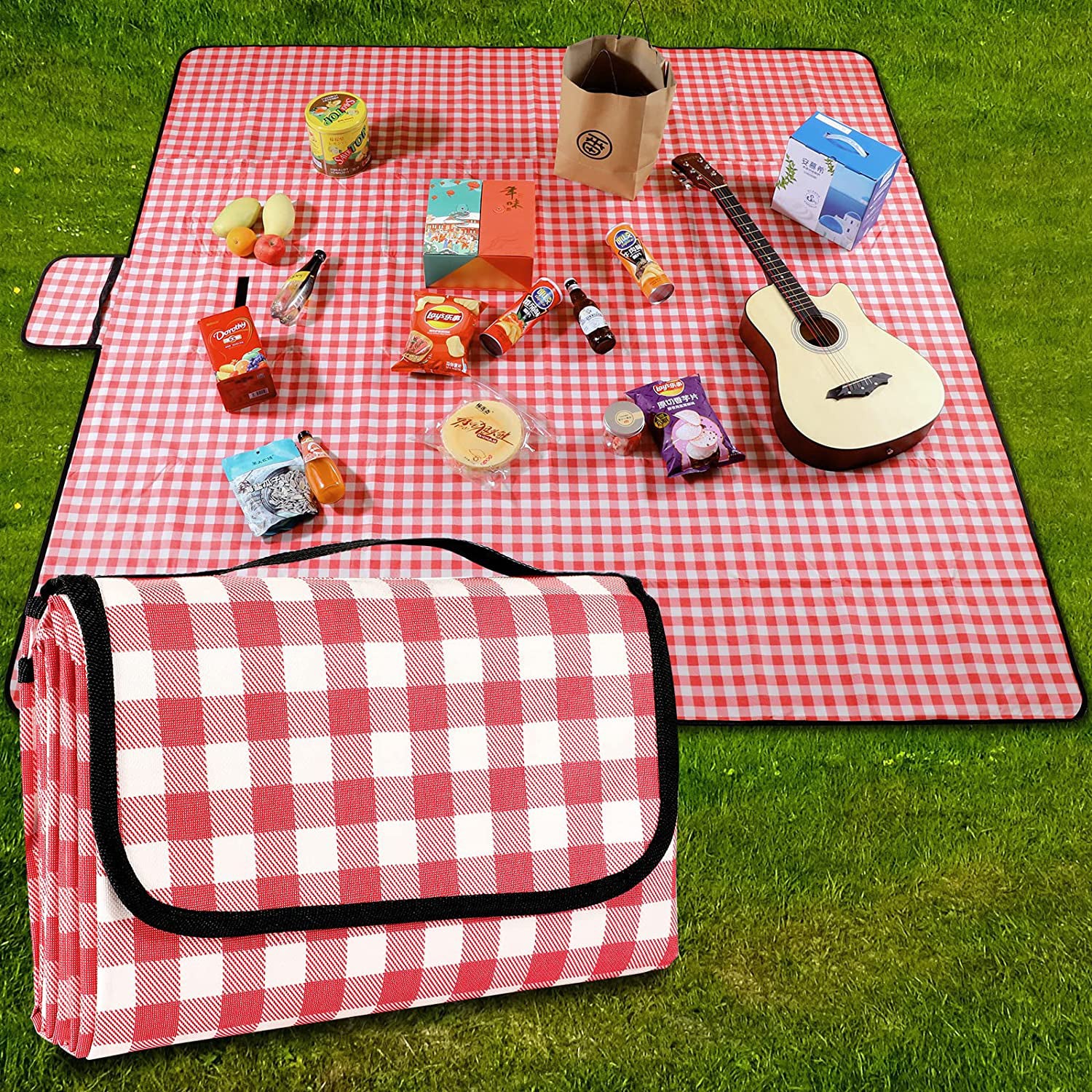 200×150cm Red Fleece Checkered Picnic Blanket With Handle