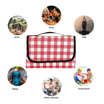 200×150cm Red Fleece Checkered Picnic Blanket With Handle