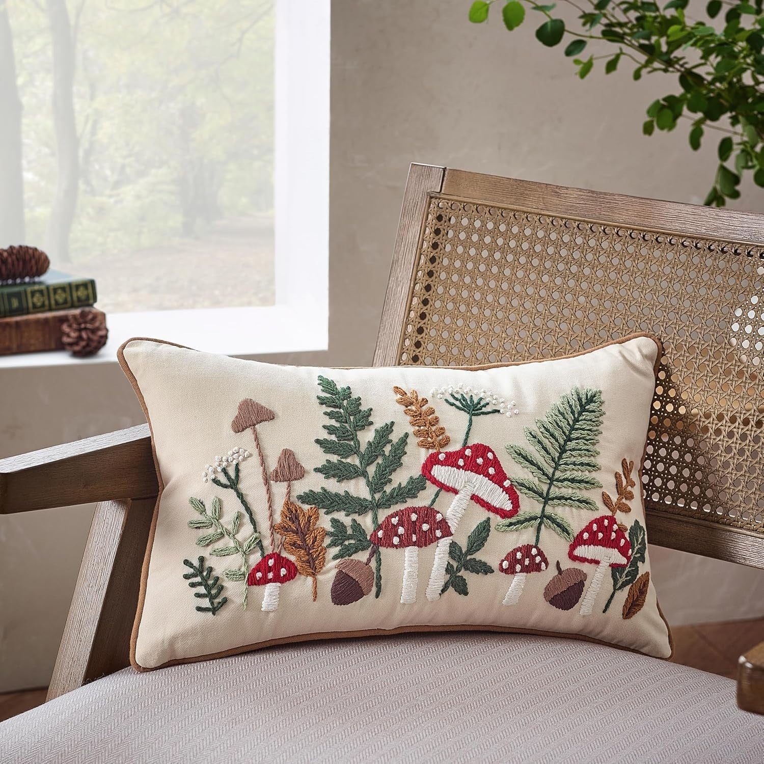 Catherine Lansfield Embroidered Woodland Cushion, Natural