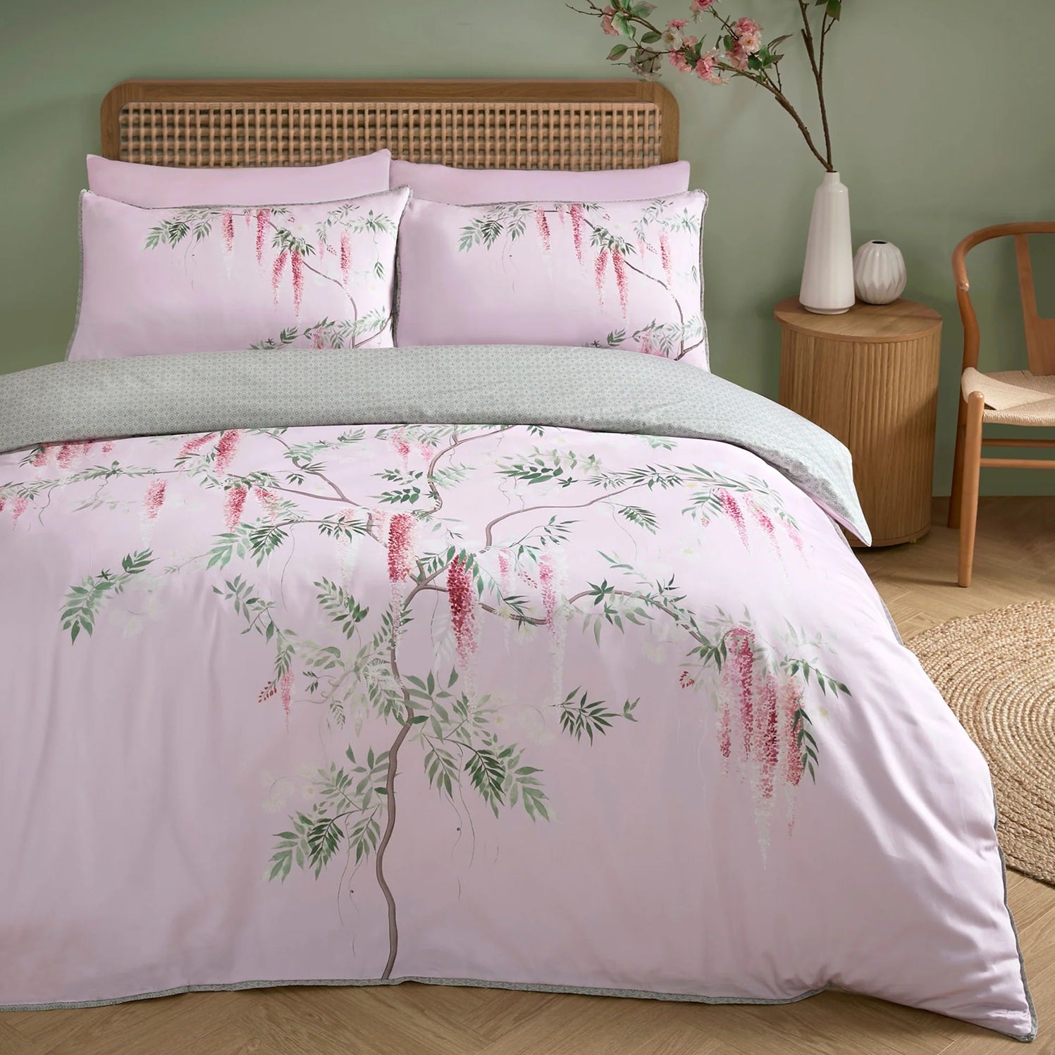 Soiree Wisteria Floral Duvet Cover Set, Double, Blush Pink Green