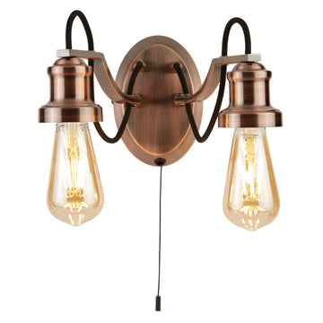 Olivia 2 Light Black Fabric Cable Antique Copper Home Wall Lighting