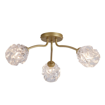 Astral 3 Light Gold Flush Ceiling Light | Crumpled Glass Shades G9 Dimmable