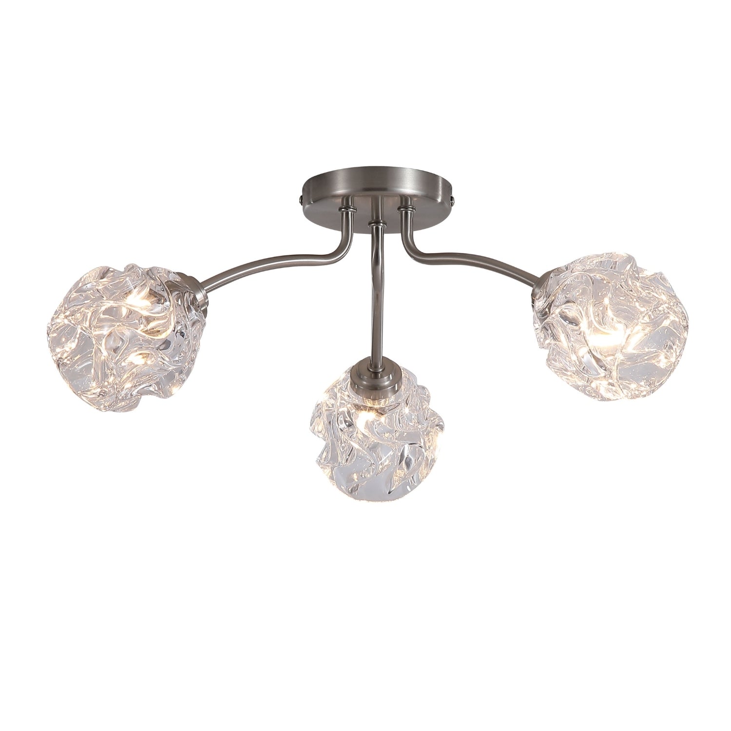 Astral 3 Light Silver Flush Ceiling Light | Crumpled Glass Shades G9 Dimmable