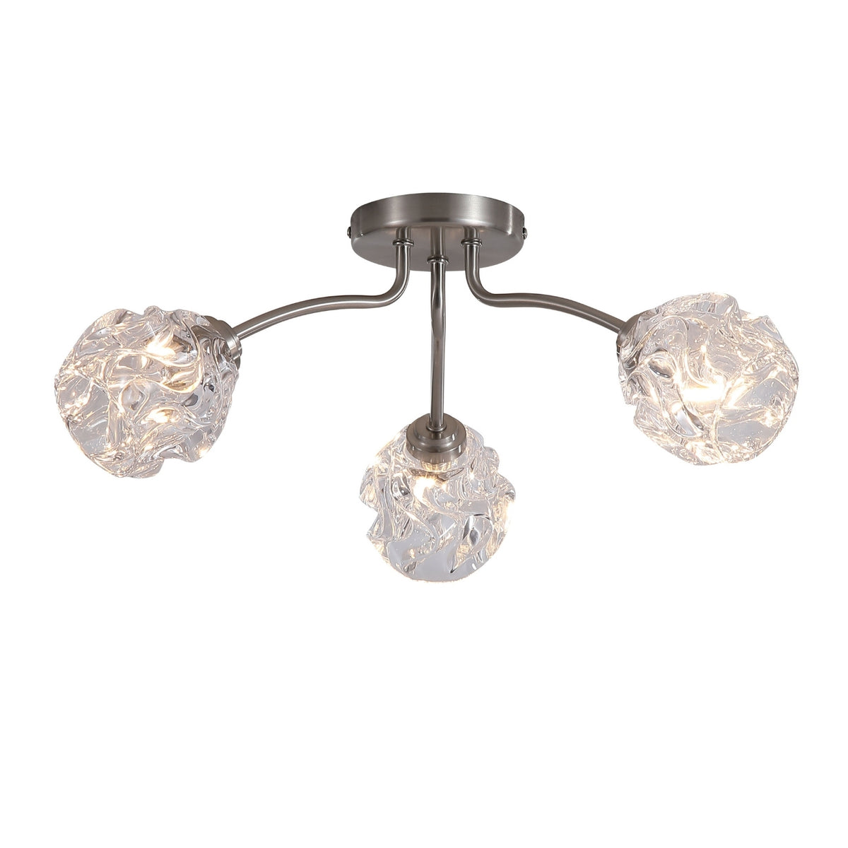 Astral 3 Light Silver Flush Ceiling Light | Crumpled Glass Shades G9 Dimmable