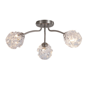 Astral 3 Light Silver Flush Ceiling Light | Crumpled Glass Shades G9 Dimmable