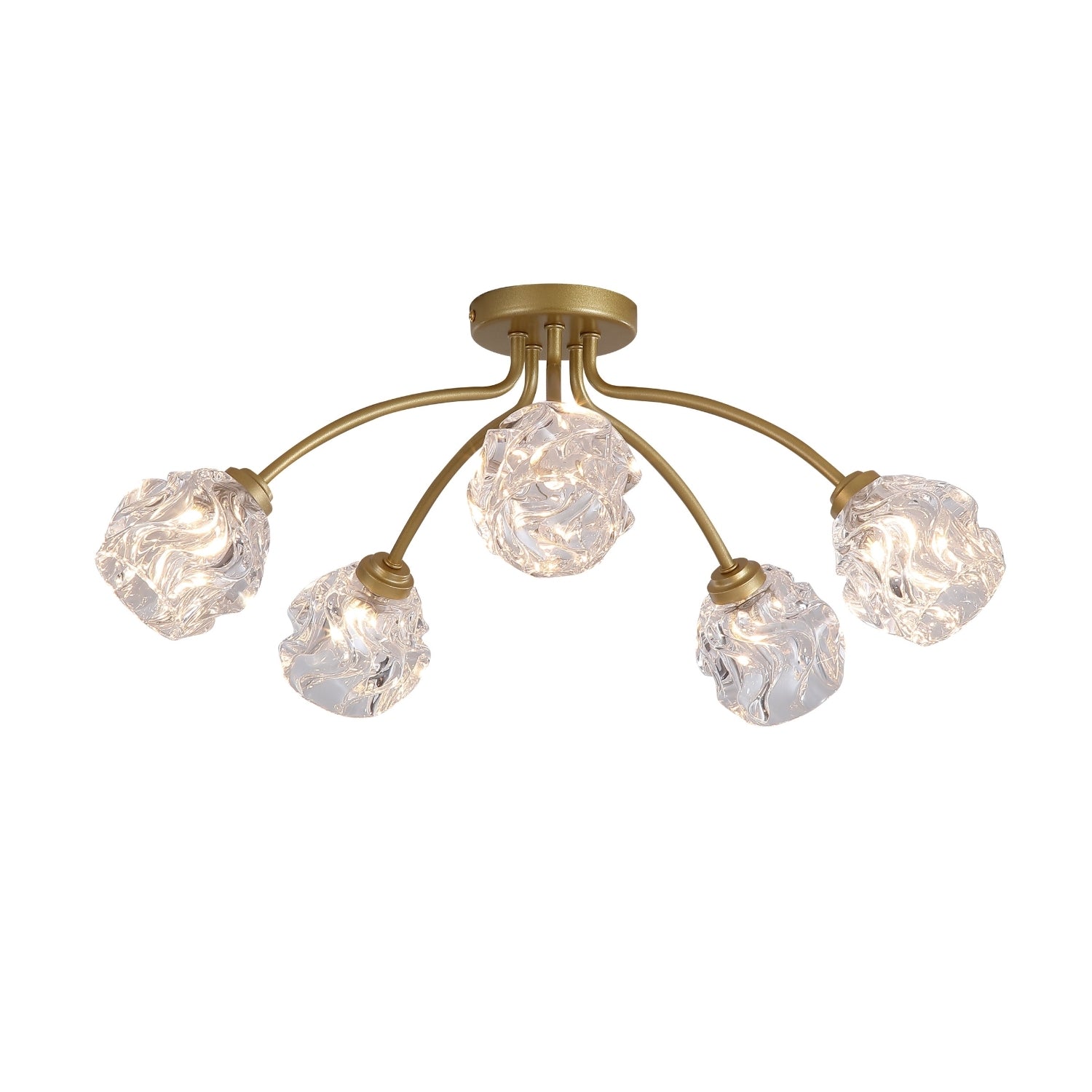 Astral 5 Light Gold Flush Ceiling Light | Crumpled Glass Shades G9 Dimmable