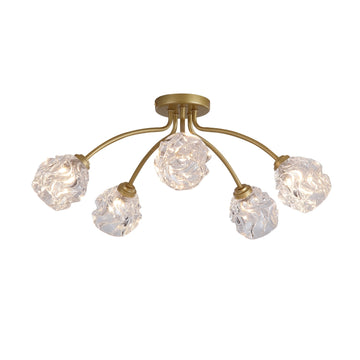 Astral 5 Light Gold Flush Ceiling Light | Crumpled Glass Shades G9 Dimmable