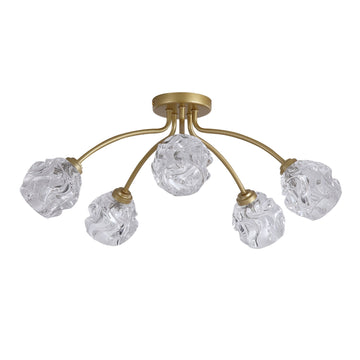 Astral 5 Light Gold Flush Ceiling Light | Crumpled Glass Shades G9 Dimmable