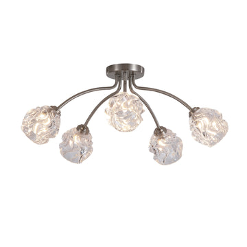 Astral 5 Light Silver Flush Ceiling Light | Crumpled Glass Shades G9 Dimmable