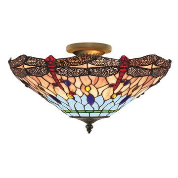 3 Light Dragonfly Tiffany Antique Brass Semi-flush Ceiling Uplighter