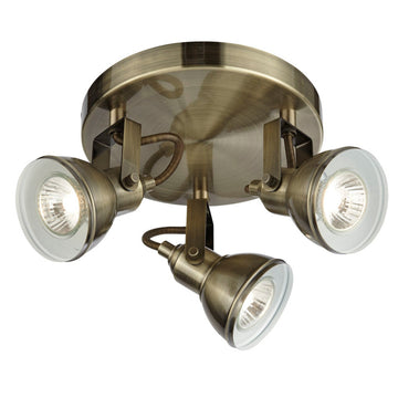 Industrial 3 Light Antique Brass Halogen Ceiling Spotlight Disc