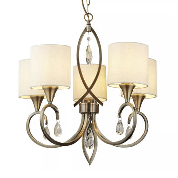 5-Light Alberto Antique Brass Crystal Linen Shades Pendant Light