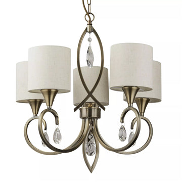 5-Light Alberto Antique Brass Crystal Linen Shades Pendant Light