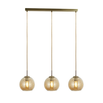 Searchlight Pendant 3 Light Bar Antique Brass With Amber Glass