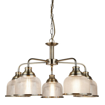 Bistro II 5 Lights Antique Brass Glass Shade Ceiling Pendant Light