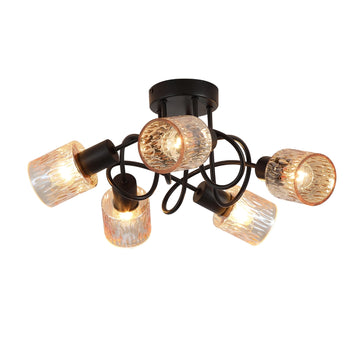 Knot 5 Light Black Flush Ceiling Light | Amber Glass Shades E14 Dimmable