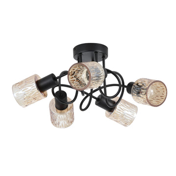 Knot 5 Light Black Flush Ceiling Light | Amber Glass Shades E14 Dimmable