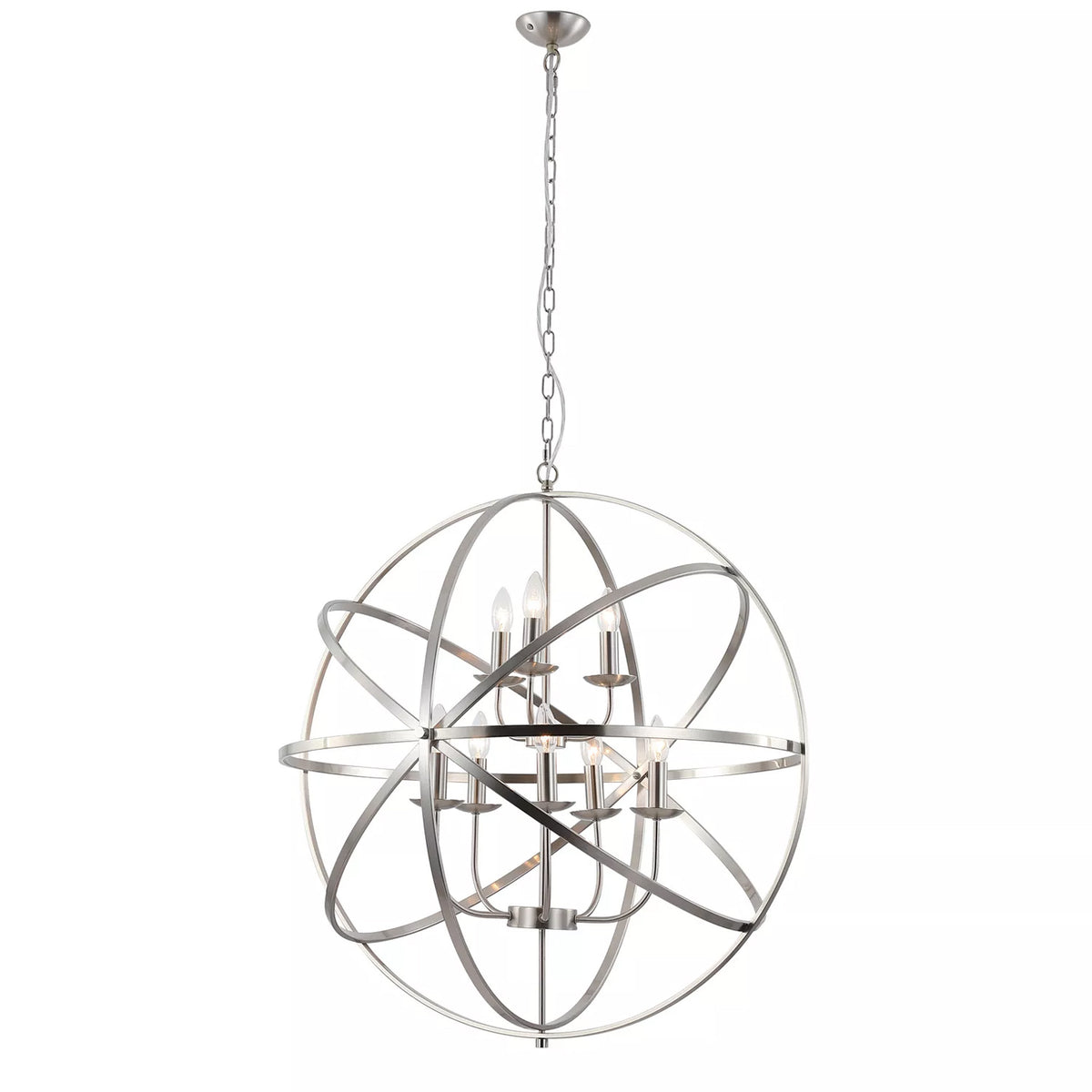 8 Light Orbit Chandelier Satin Silver Pendant Ceiling Light