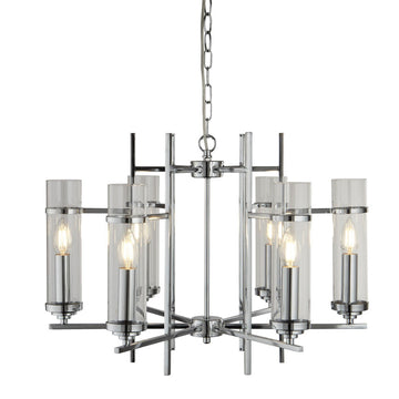 6 Light Chrome Clear Glass Cylinder Shade Ceiling Pendant Chandelier