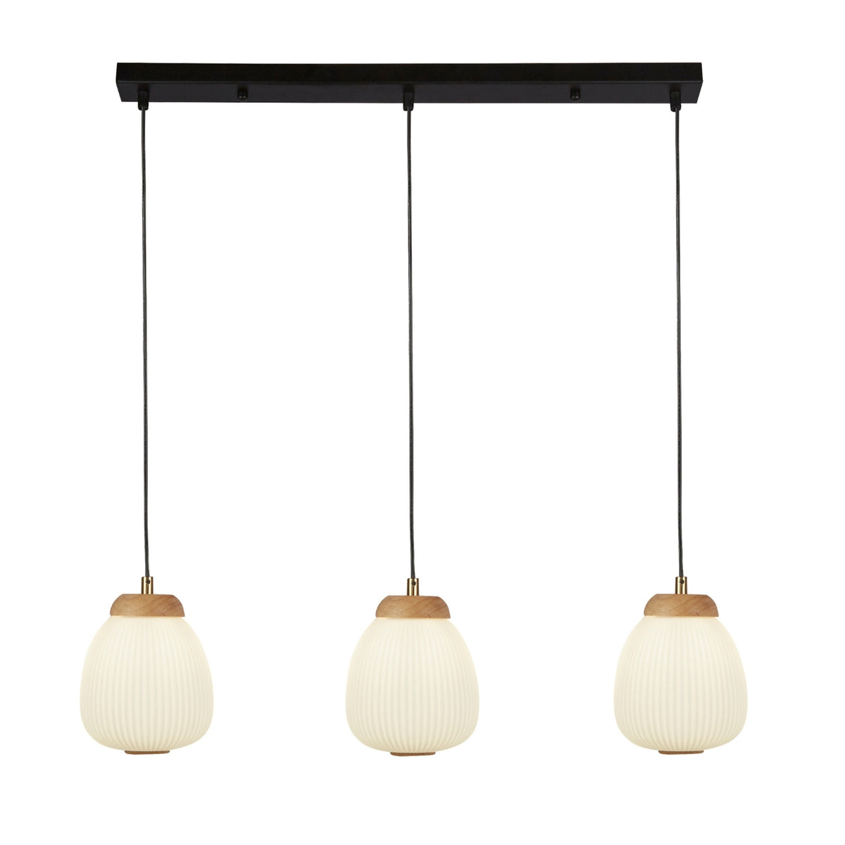Ella 3 Light Black Pendant Ceiling Light Wood Opal Ribbed Glass E14