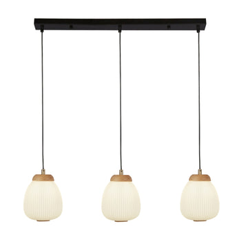 Ella 3 Light Black Pendant Ceiling Light Wood Opal Ribbed Glass E14