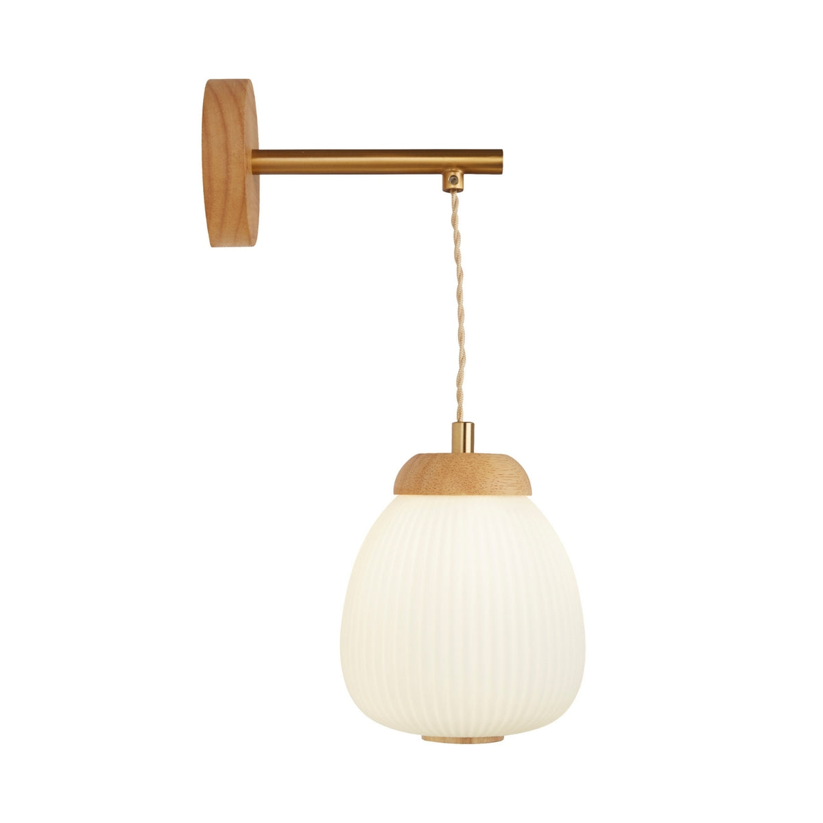 Ella Brass Wall Light with Wood & Opal Ribbed Glass Shade E14