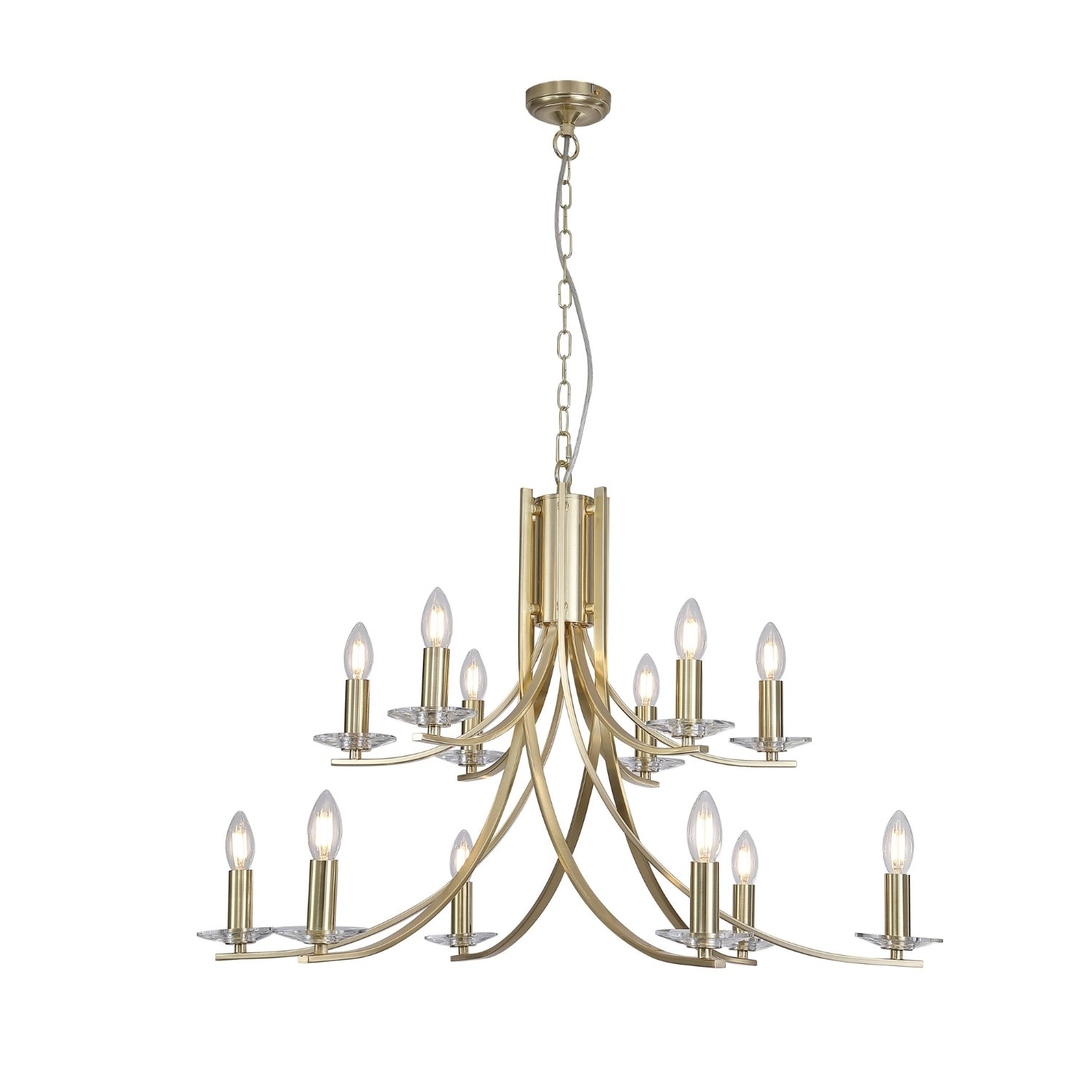 Ascona 12-Light Satin Brass Glass Chandelier – Candle Style Ceiling Light E14