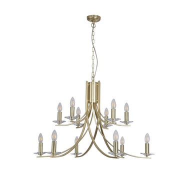 Ascona 12-Light Satin Brass Glass Chandelier – Candle Style Ceiling Light E14
