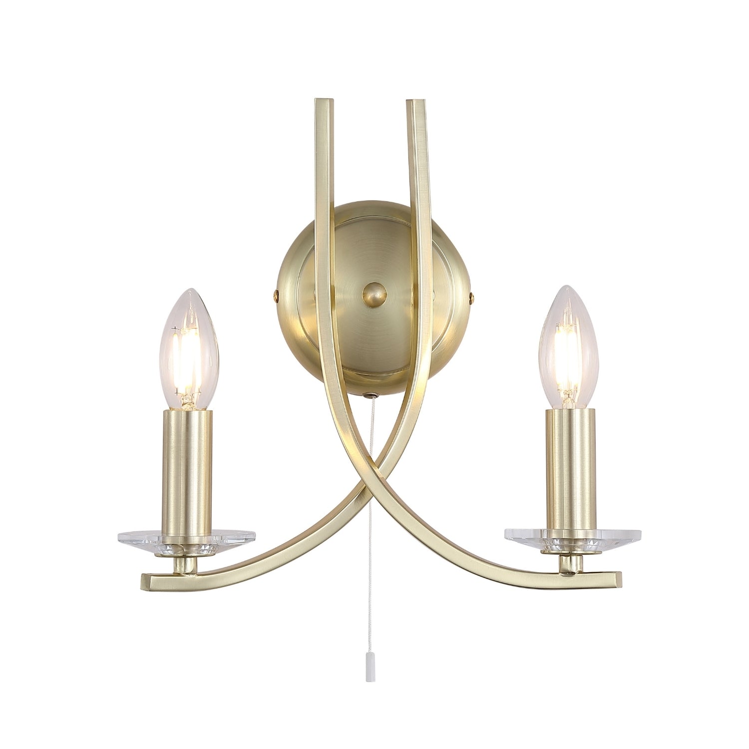 Ascona Satin Brass 2-Light Candle Wall Light – Dimmable Pull Cord Wall Lamp E14