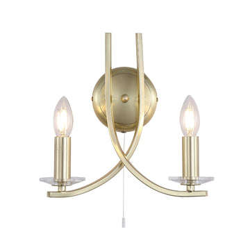 Ascona Satin Brass 2-Light Candle Wall Light – Dimmable Pull Cord Wall Lamp E14