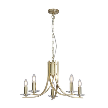 Ascona 5-Light Satin Brass Glass Chandelier – Candle Style Ceiling Pendant Light E14
