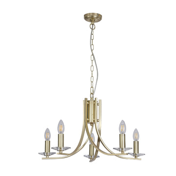Ascona 5-Light Satin Brass Glass Chandelier – Candle Style Ceiling Pendant Light E14