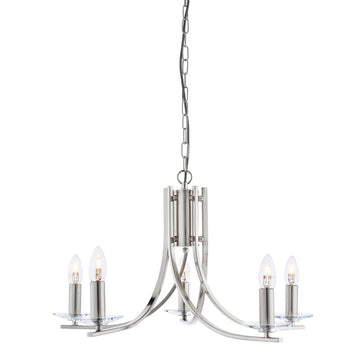 Ascona Satin Silver 5 Light Ceiling Chandelier Fitting Glass Sconces