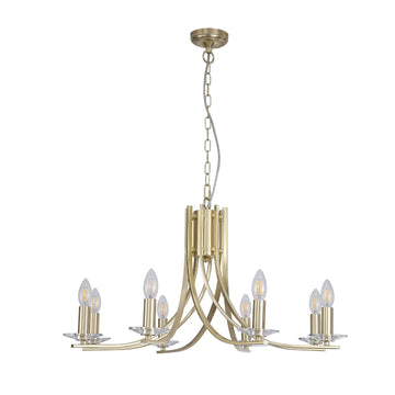 Ascona 8-Light Satin Brass Glass Chandelier – Candle Style Ceiling Light E14