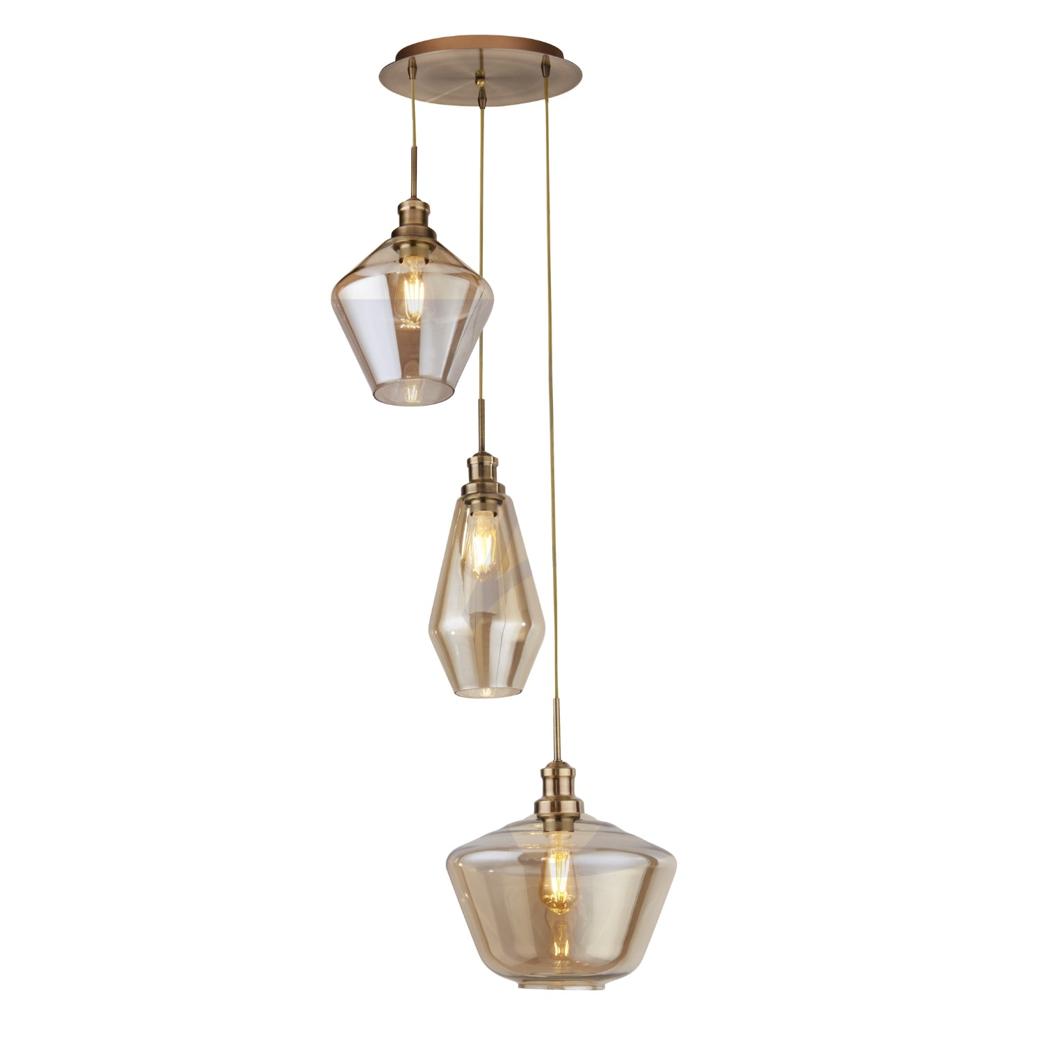 3 Light Multi Drop Antique Brass Amber Glass Pendant