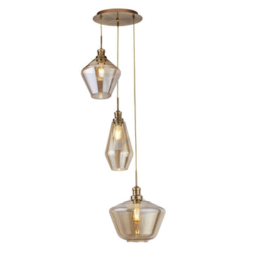 3 Light Multi Drop Antique Brass Amber Glass Pendant