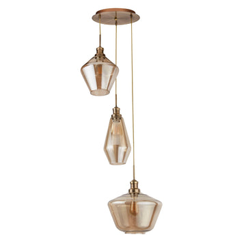 3 Light Multi Drop Antique Brass Amber Glass Pendant