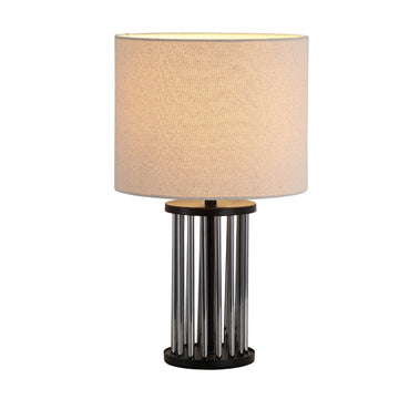 Black Glass Base White Linen Shade E27 Table Lamp