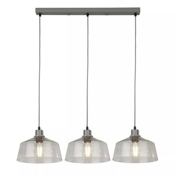 Grey Metal Smoked Glass Shades Odeon 3 Light Ceiling Bar Pendant