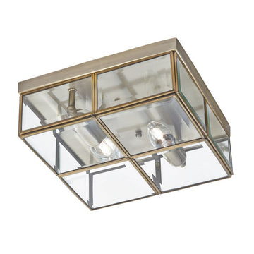 2 Light Bulbs Brass Clear Glass Box Ceiling Mount Chandelier