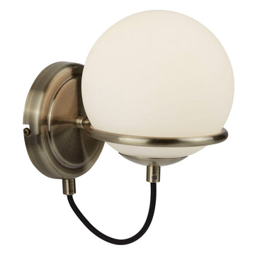 Sphere 1 Light LED Antique Brass White Opal Glass Shade Wall Bracket