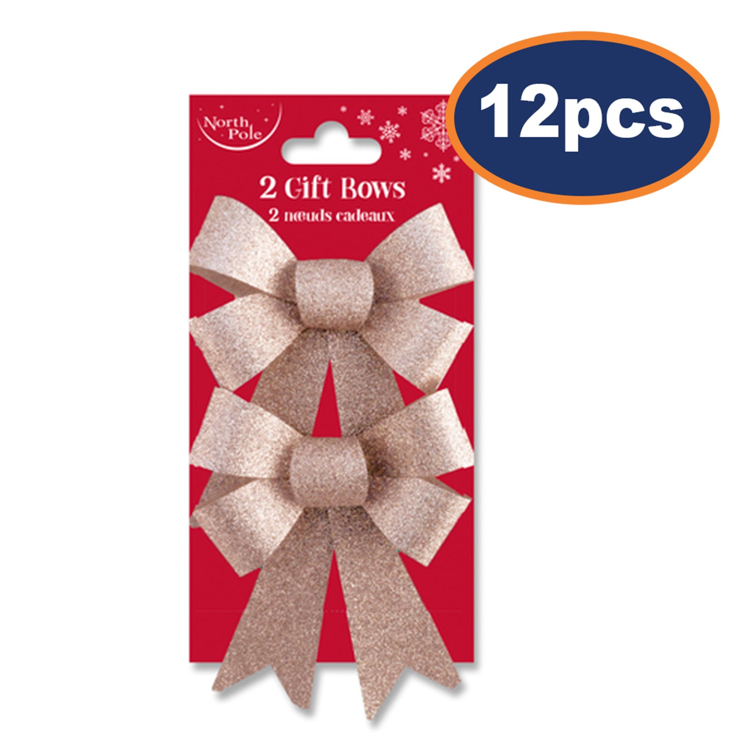 6 Pairs North Pole Rose Gold Glitter Gift Bows