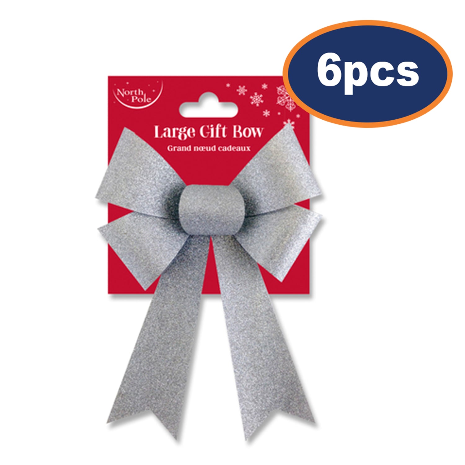 6 Pack North Pole Large Silver Glitter Gift Bows