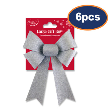 6 Pack North Pole Large Silver Glitter Gift Bows