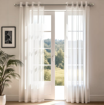 Sheer Plain Woven Voile Eyelet Ring Top Curtains Panel Pair 137cm 54" White